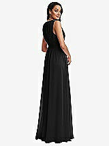 Rear View Thumbnail - Black Shirred Deep Plunge Neck Closed Back Chiffon Maxi Dress 