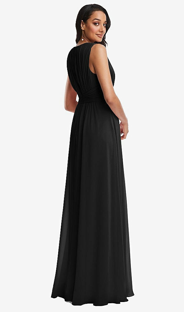 Back View - Black Shirred Deep Plunge Neck Closed Back Chiffon Maxi Dress 