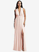 Front View Thumbnail - Blush Shirred Deep Plunge Neck Closed Back Chiffon Maxi Dress 