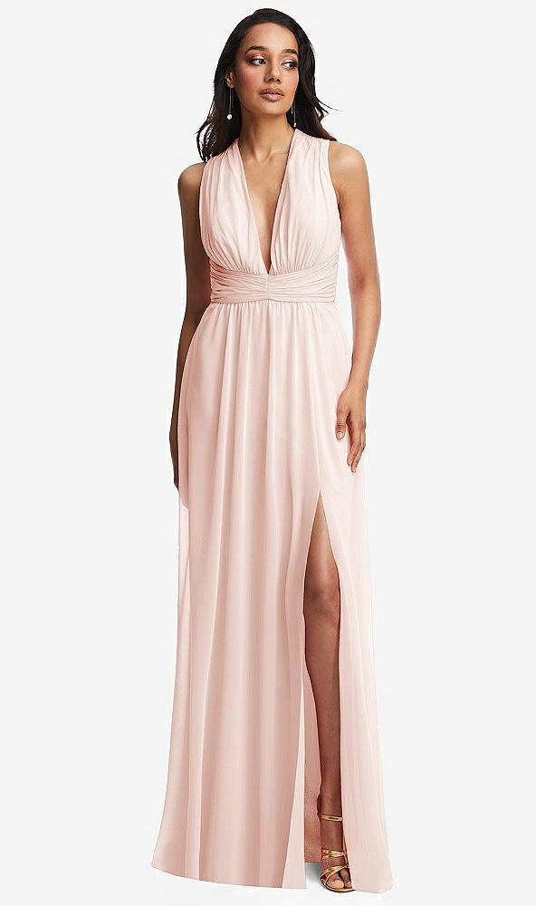 Front View - Blush Shirred Deep Plunge Neck Closed Back Chiffon Maxi Dress 