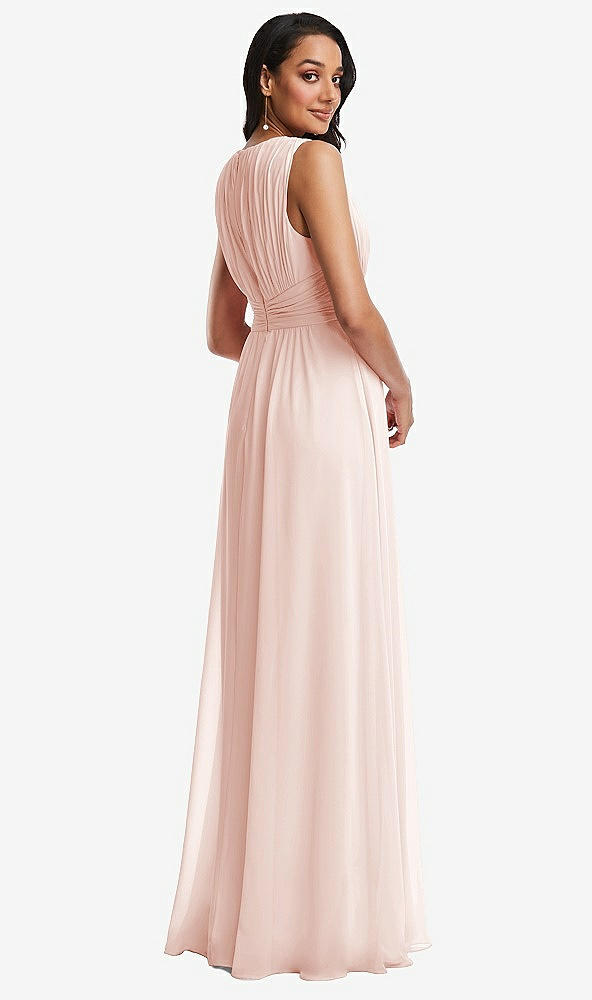 Back View - Blush Shirred Deep Plunge Neck Closed Back Chiffon Maxi Dress 