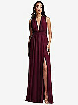 Front View Thumbnail - Cabernet Shirred Deep Plunge Neck Closed Back Chiffon Maxi Dress 