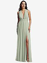 Front View Thumbnail - Celadon Shirred Deep Plunge Neck Closed Back Chiffon Maxi Dress 