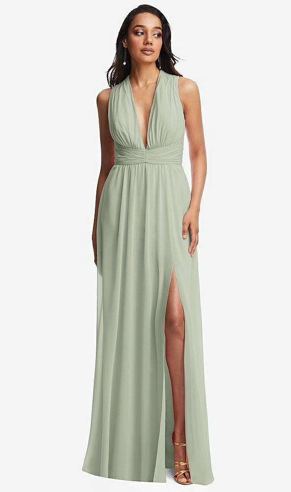 Front View - Celadon Shirred Deep Plunge Neck Closed Back Chiffon Maxi Dress 