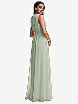 Rear View Thumbnail - Celadon Shirred Deep Plunge Neck Closed Back Chiffon Maxi Dress 