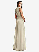 Rear View Thumbnail - Champagne Shirred Deep Plunge Neck Closed Back Chiffon Maxi Dress 