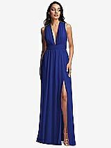 Front View Thumbnail - Cobalt Blue Shirred Deep Plunge Neck Closed Back Chiffon Maxi Dress 