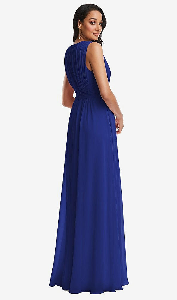 Back View - Cobalt Blue Shirred Deep Plunge Neck Closed Back Chiffon Maxi Dress 