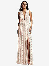 Front View Thumbnail - Coquette Floral Print Shirred Deep Plunge Neck Closed Back Chiffon Maxi Dress 