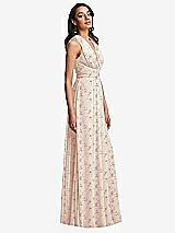 Side View Thumbnail - Coquette Floral Print Shirred Deep Plunge Neck Closed Back Chiffon Maxi Dress 