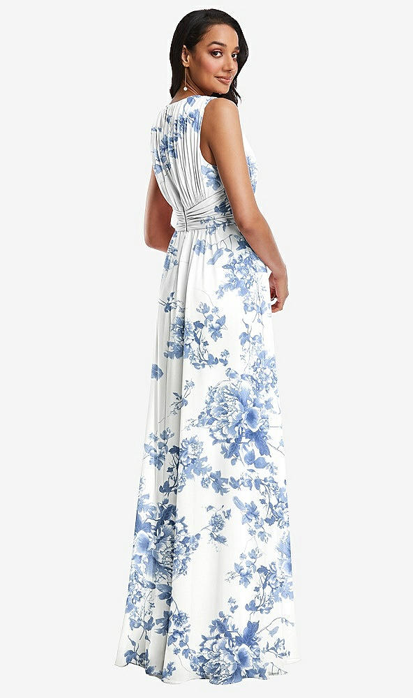 Back View - Cottage Rose Dusk Blue Shirred Deep Plunge Neck Closed Back Chiffon Maxi Dress 