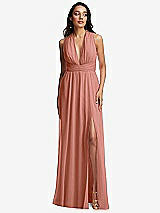 Front View Thumbnail - Desert Rose Shirred Deep Plunge Neck Closed Back Chiffon Maxi Dress 