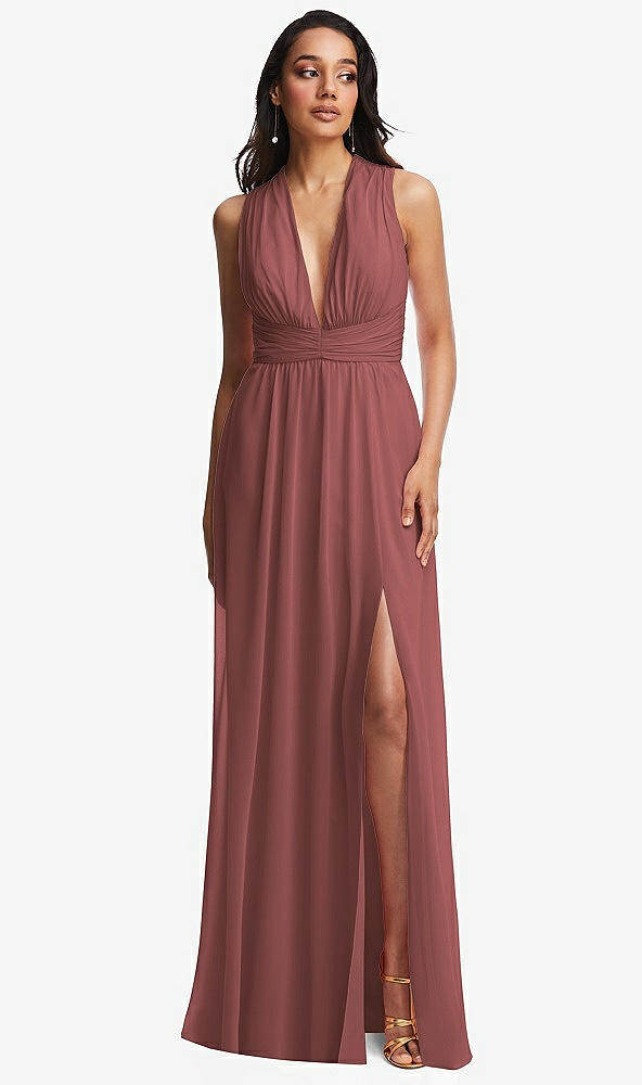 Front View - English Rose Shirred Deep Plunge Neck Closed Back Chiffon Maxi Dress 