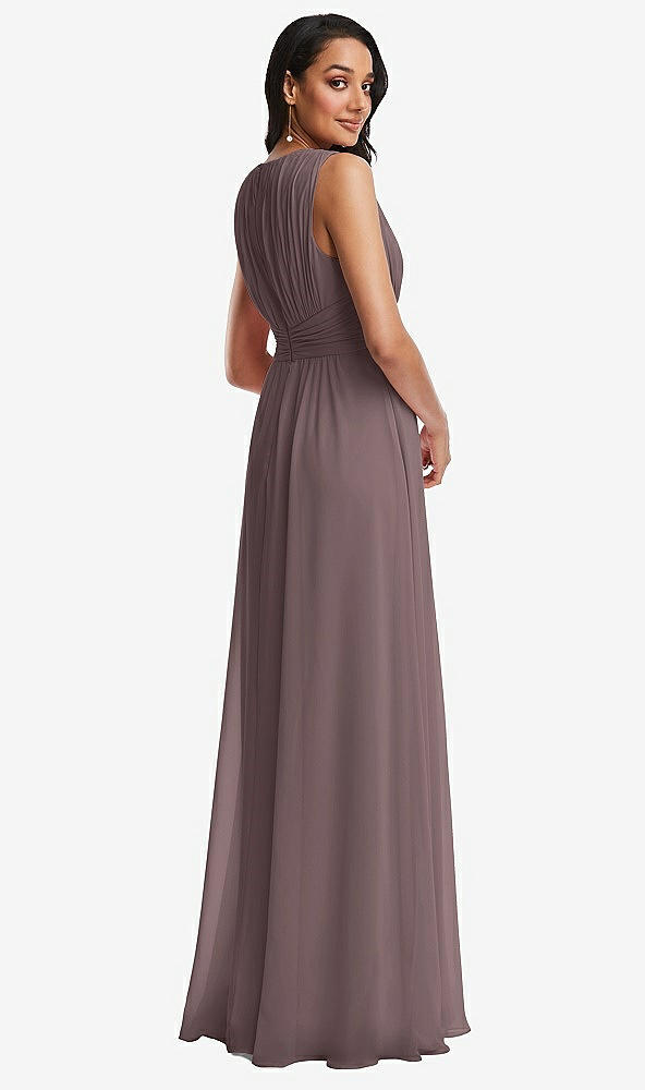 Back View - French Truffle Shirred Deep Plunge Neck Closed Back Chiffon Maxi Dress 