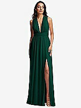 Front View Thumbnail - Hunter Green Shirred Deep Plunge Neck Closed Back Chiffon Maxi Dress 