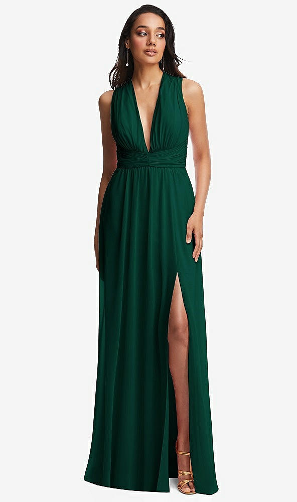 Front View - Hunter Green Shirred Deep Plunge Neck Closed Back Chiffon Maxi Dress 