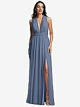 Front View Thumbnail - Larkspur Blue Shirred Deep Plunge Neck Closed Back Chiffon Maxi Dress 