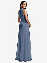 Rear View Thumbnail - Larkspur Blue Shirred Deep Plunge Neck Closed Back Chiffon Maxi Dress 