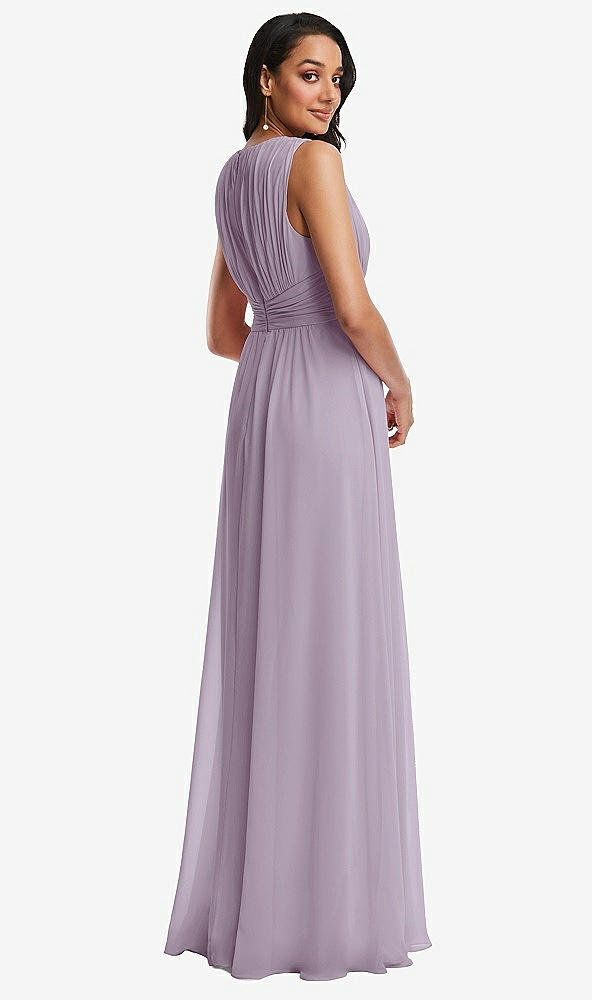 Back View - Lilac Haze Shirred Deep Plunge Neck Closed Back Chiffon Maxi Dress 