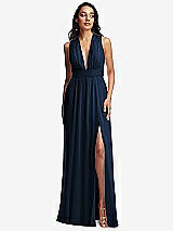 Front View Thumbnail - Midnight Navy Shirred Deep Plunge Neck Closed Back Chiffon Maxi Dress 