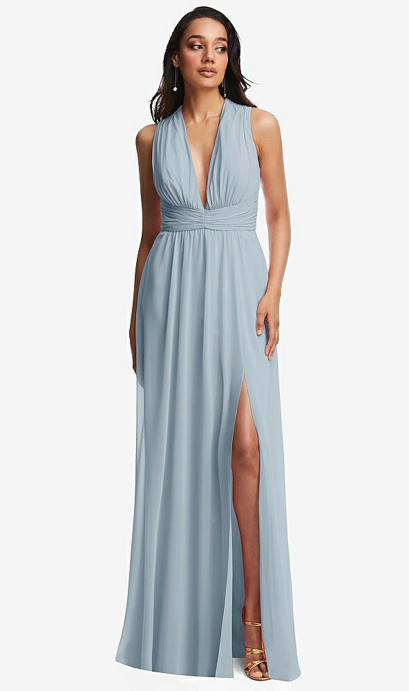 Front View - Mist Shirred Deep Plunge Neck Closed Back Chiffon Maxi Dress 