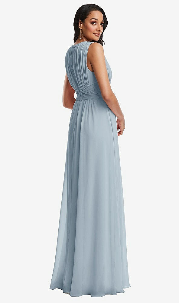 Back View - Mist Shirred Deep Plunge Neck Closed Back Chiffon Maxi Dress 