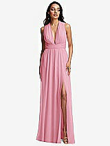 Front View Thumbnail - Peony Pink Shirred Deep Plunge Neck Closed Back Chiffon Maxi Dress 