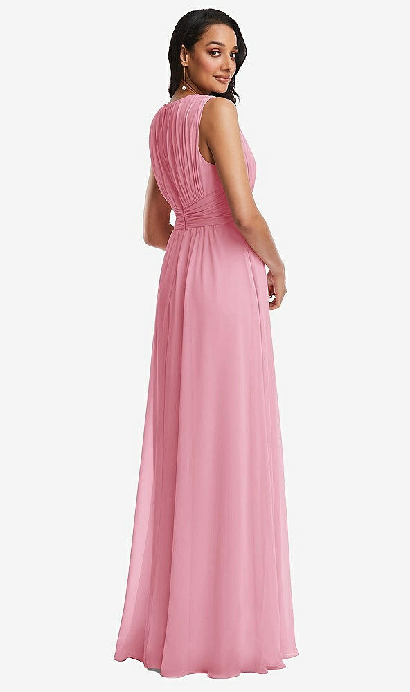 Back View - Peony Pink Shirred Deep Plunge Neck Closed Back Chiffon Maxi Dress 