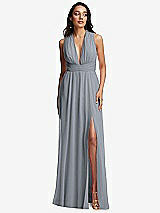 Front View Thumbnail - Platinum Shirred Deep Plunge Neck Closed Back Chiffon Maxi Dress 