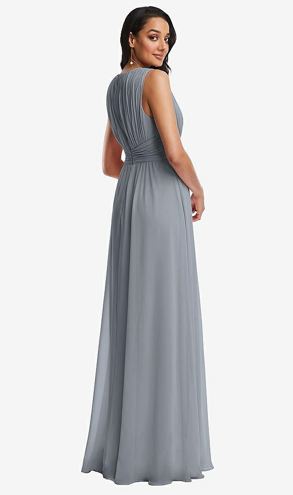 Back View - Platinum Shirred Deep Plunge Neck Closed Back Chiffon Maxi Dress 