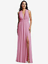 Front View Thumbnail - Powder Pink Shirred Deep Plunge Neck Closed Back Chiffon Maxi Dress 