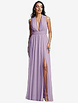 Front View Thumbnail - Pale Purple Shirred Deep Plunge Neck Closed Back Chiffon Maxi Dress 