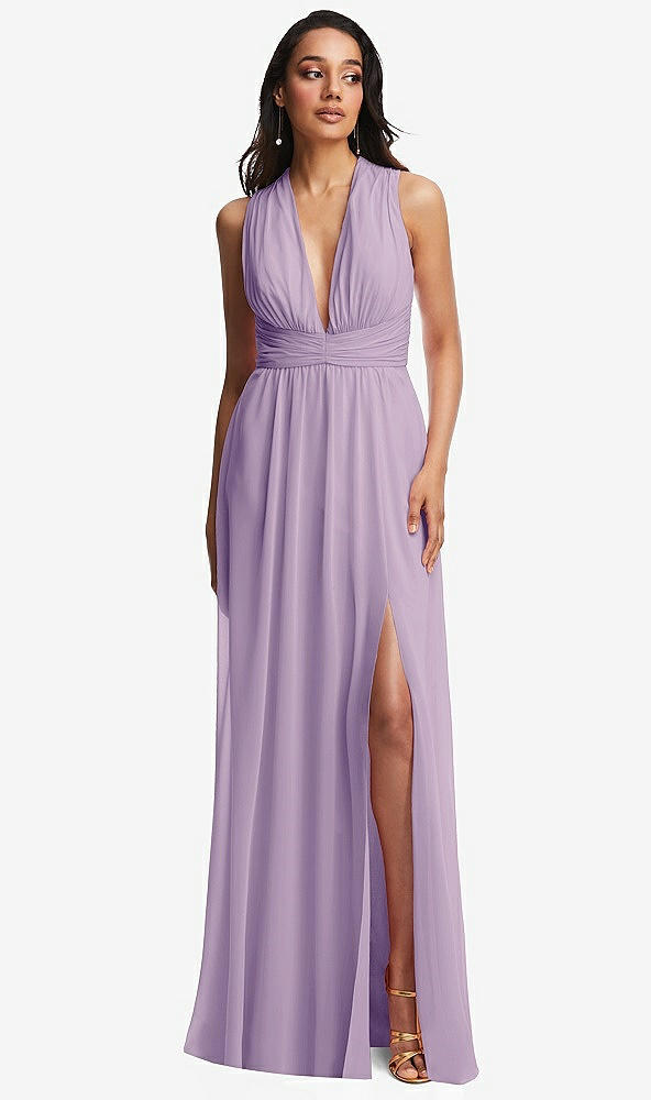 Front View - Pale Purple Shirred Deep Plunge Neck Closed Back Chiffon Maxi Dress 