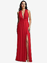 Front View Thumbnail - Parisian Red Shirred Deep Plunge Neck Closed Back Chiffon Maxi Dress 