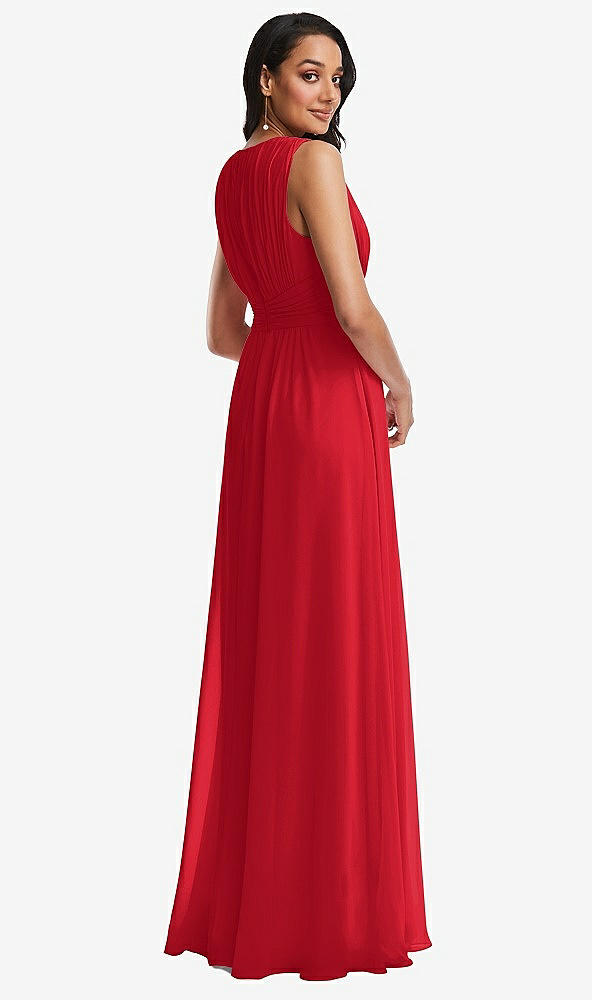 Back View - Parisian Red Shirred Deep Plunge Neck Closed Back Chiffon Maxi Dress 