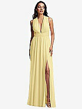 Front View Thumbnail - Pale Yellow Shirred Deep Plunge Neck Closed Back Chiffon Maxi Dress 