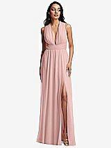 Front View Thumbnail - Rose - PANTONE Rose Quartz Shirred Deep Plunge Neck Closed Back Chiffon Maxi Dress 