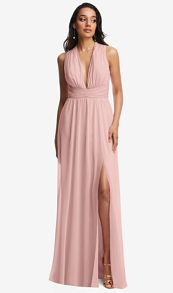 Front View - Rose - PANTONE Rose Quartz Shirred Deep Plunge Neck Closed Back Chiffon Maxi Dress 