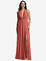 Front View Thumbnail - Coral Pink Shirred Deep Plunge Neck Closed Back Chiffon Maxi Dress 