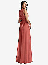 Rear View Thumbnail - Coral Pink Shirred Deep Plunge Neck Closed Back Chiffon Maxi Dress 