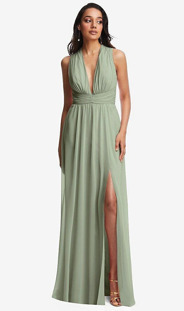 Front View - Sage Shirred Deep Plunge Neck Closed Back Chiffon Maxi Dress 