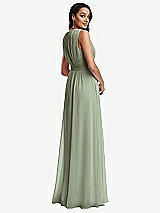 Rear View Thumbnail - Sage Shirred Deep Plunge Neck Closed Back Chiffon Maxi Dress 