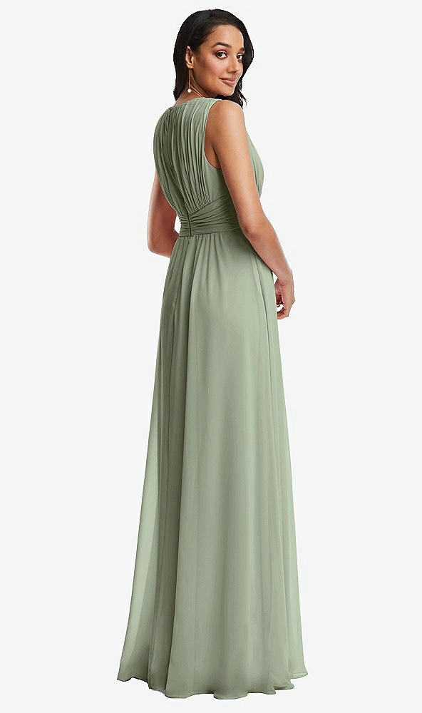 Back View - Sage Shirred Deep Plunge Neck Closed Back Chiffon Maxi Dress 