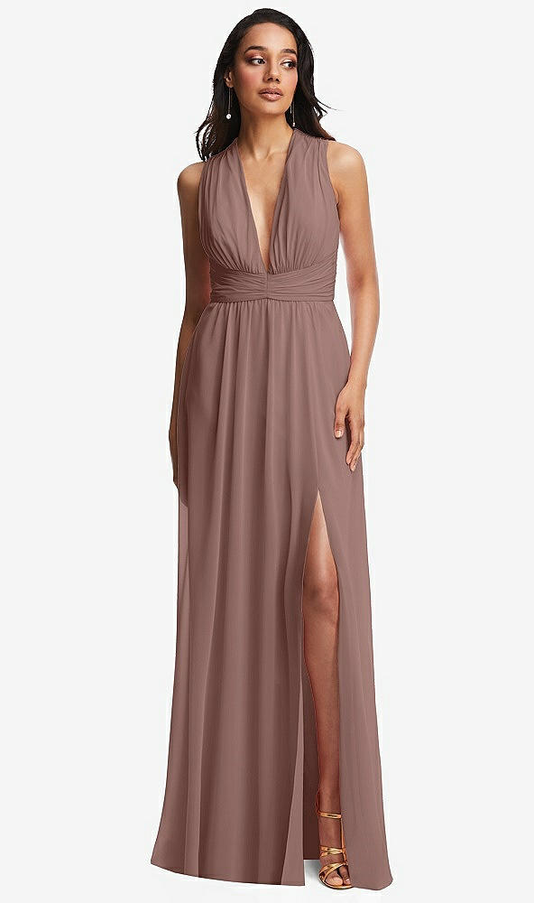 Front View - Sienna Shirred Deep Plunge Neck Closed Back Chiffon Maxi Dress 