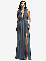 Front View Thumbnail - Silverstone Shirred Deep Plunge Neck Closed Back Chiffon Maxi Dress 