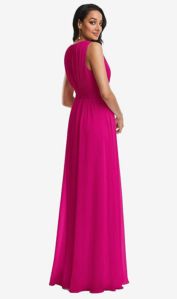 Back View - Think Pink Shirred Deep Plunge Neck Closed Back Chiffon Maxi Dress 