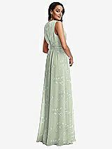 Rear View Thumbnail - Vintage Primrose Sage Shirred Deep Plunge Neck Closed Back Chiffon Maxi Dress 