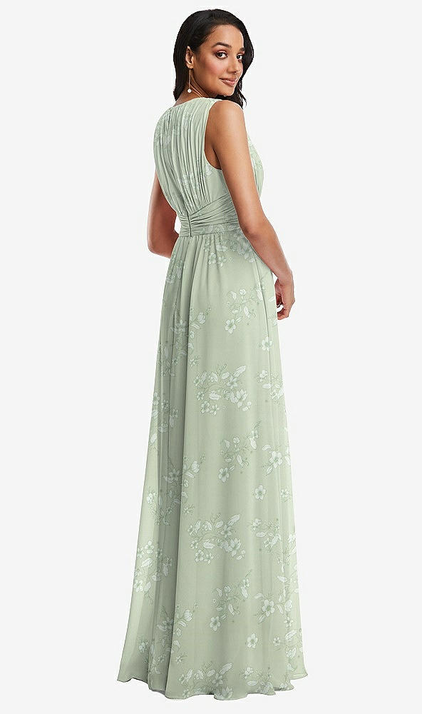 Back View - Vintage Primrose Sage Shirred Deep Plunge Neck Closed Back Chiffon Maxi Dress 