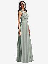 Side View Thumbnail - Willow Green Shirred Deep Plunge Neck Closed Back Chiffon Maxi Dress 