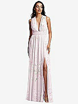 Front View Thumbnail - Watercolor Print Shirred Deep Plunge Neck Closed Back Chiffon Maxi Dress 